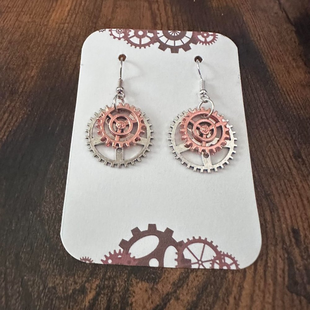 New Handmade Steampunk Gear Dangle Earrings (1.75" long x 0.9" wide) (Version 14